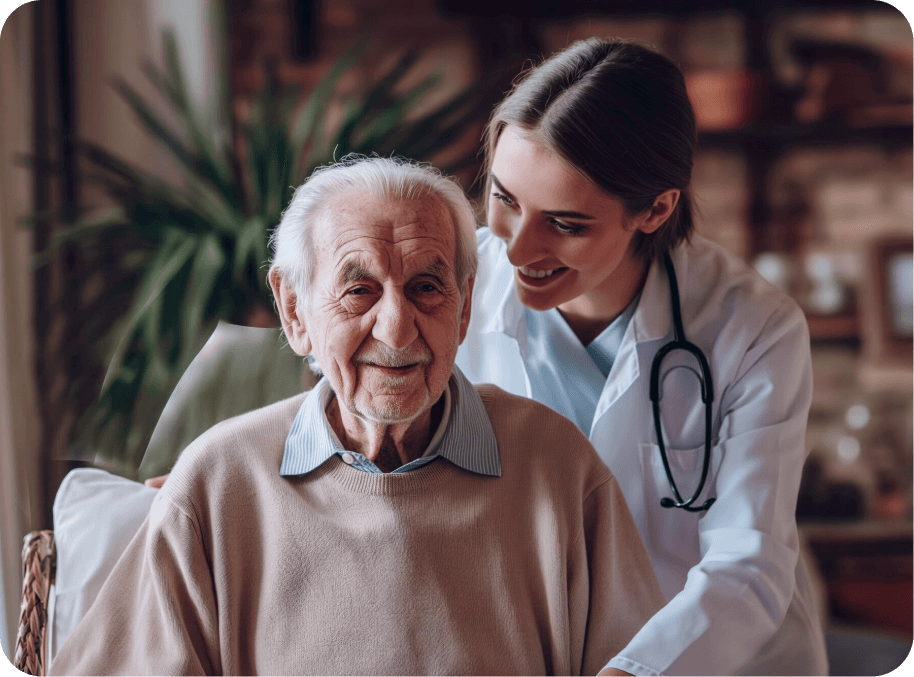 Elderly person smiling, being cared for